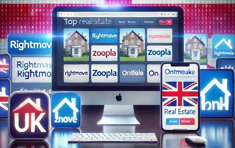 Logos des meilleurs sites Web immobiliers britanniques avec le drapeau britannique en arrière-plan.